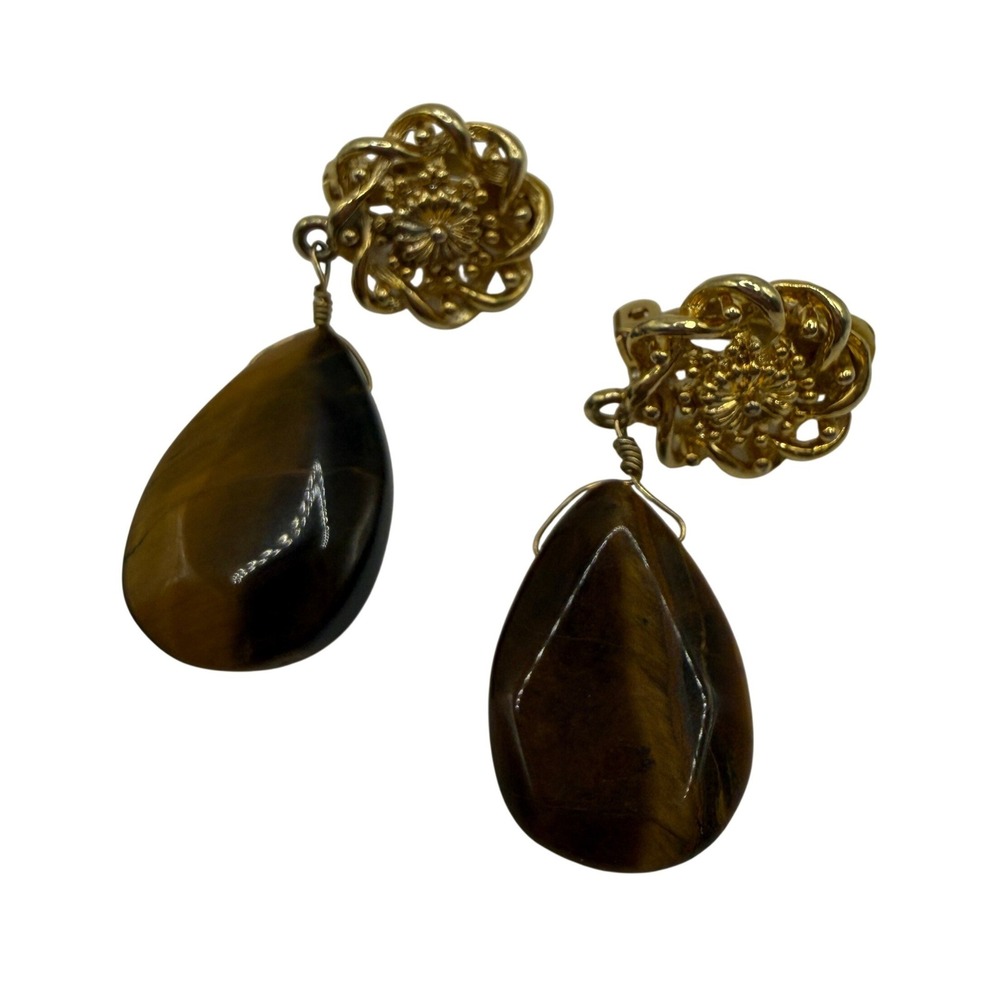 Vintage Boho Gold Tone Tigers Eye Teardrop Clip On DangleEarrings